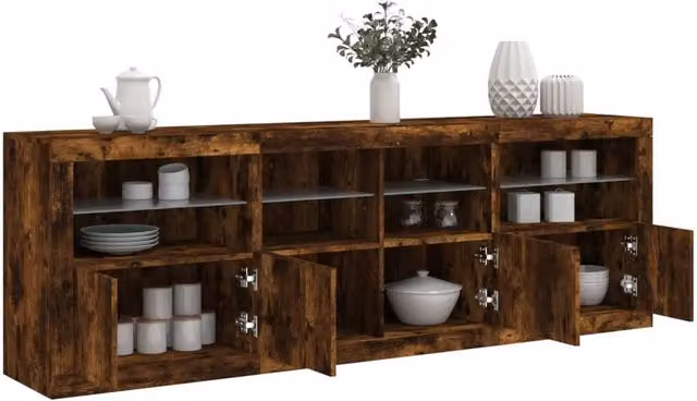 Berkfield Home Modern Sideboard with Integrated LED Lights in Smoked Oak Brown, W: 202 cm, D: 37 cm, H: 67 cm