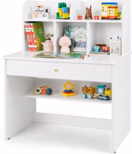 Gymax White Wooden Writing Desk with Hutch and Drawer for Home Office or Children's Room – 1