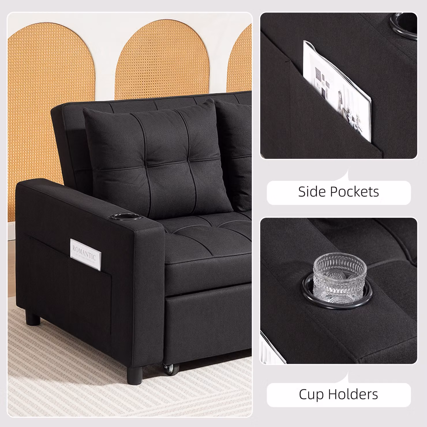HOMCOM Two-Seater Click-Clack Pull-Out Sofa Bed with Cup Holders in Black – 7