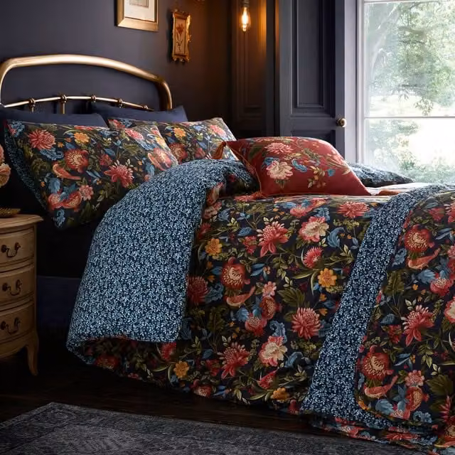 Dreams & Drapes Bejewelled Reversible Floral Cotton Duvet Cover Set in Blue and Multicolour, 90 x 200 cm
