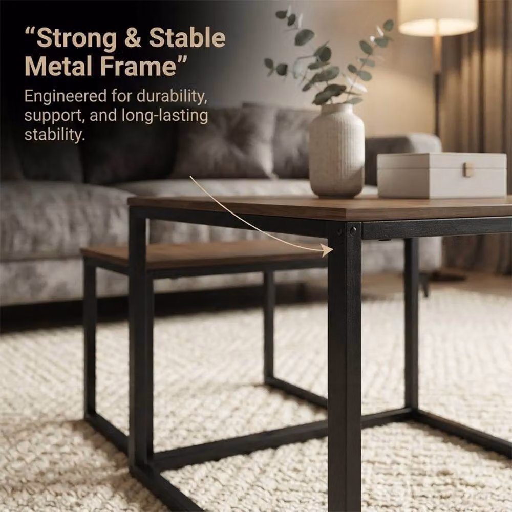 Alivio 3-Piece Industrial Nesting Coffee Table Set with Wood Tops and Black Metal Sled Base, Brown – 7