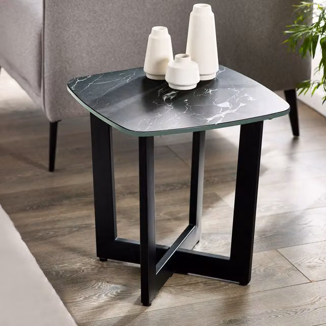 Julian Bowen Olympus Lamp Table in Black and White Marble Effect with X-Frame Metal Base