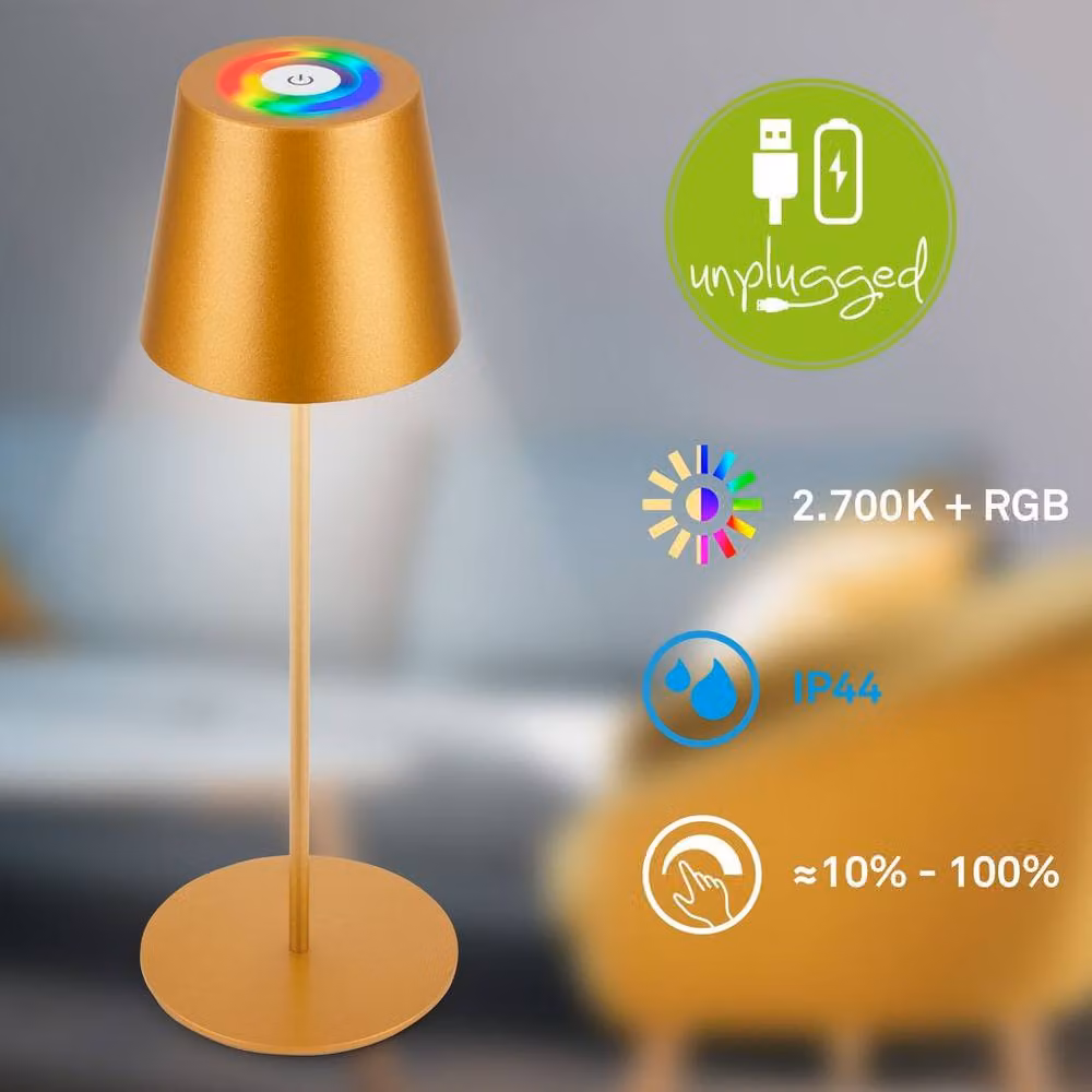 Briloner Gold Table Lamp with Rechargeable Battery, Dimmable LED RGBW Colour Changing Light in Gold/Brass – 2