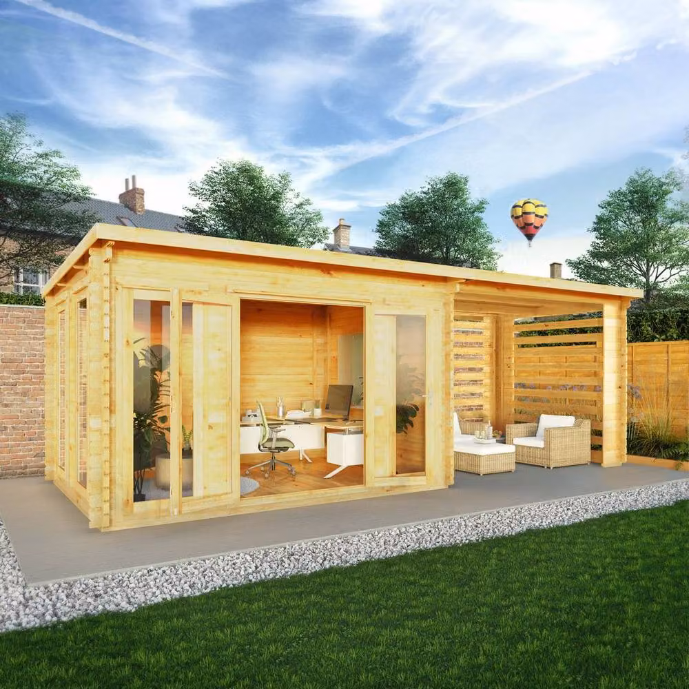 Mercia Studio Pent 28 mm Log Cabin with Slatted Area in Tan, W: 691 cm, D: 333.5 cm, H: 249.4 cm – 3