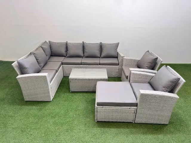 Fimous 9 Seater Light Grey PE Rattan Garden Furniture Set with Upholstered Cushions, Outdoor 3 Seater Sofa, Armchairs, Coffee Table and Ottoman