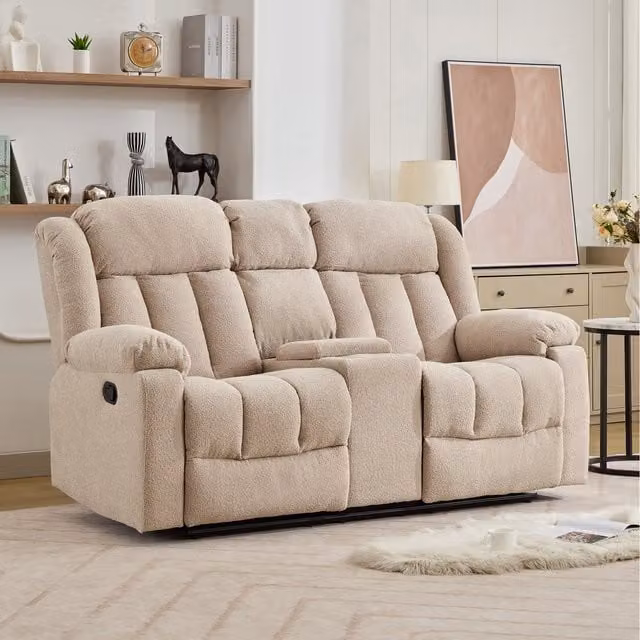 Artemis Home Lovell 2 Seat Manual Recliner Sofa with Central Home Cinema Console in Beige Bouclé Fabric