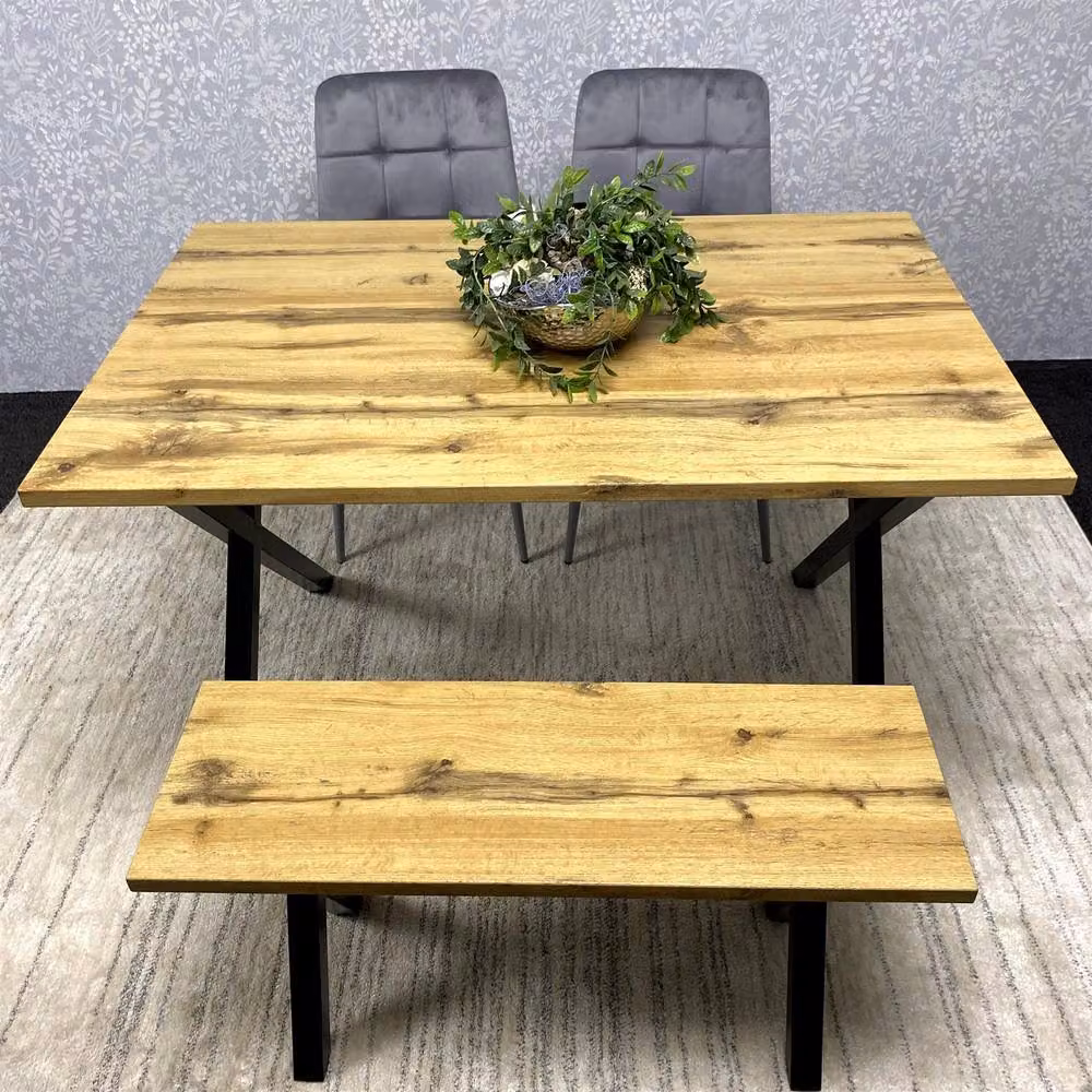 KOSY KOALA Brown Wooden Dining Set with 2 Grey Velvet Chairs and Bench – 5