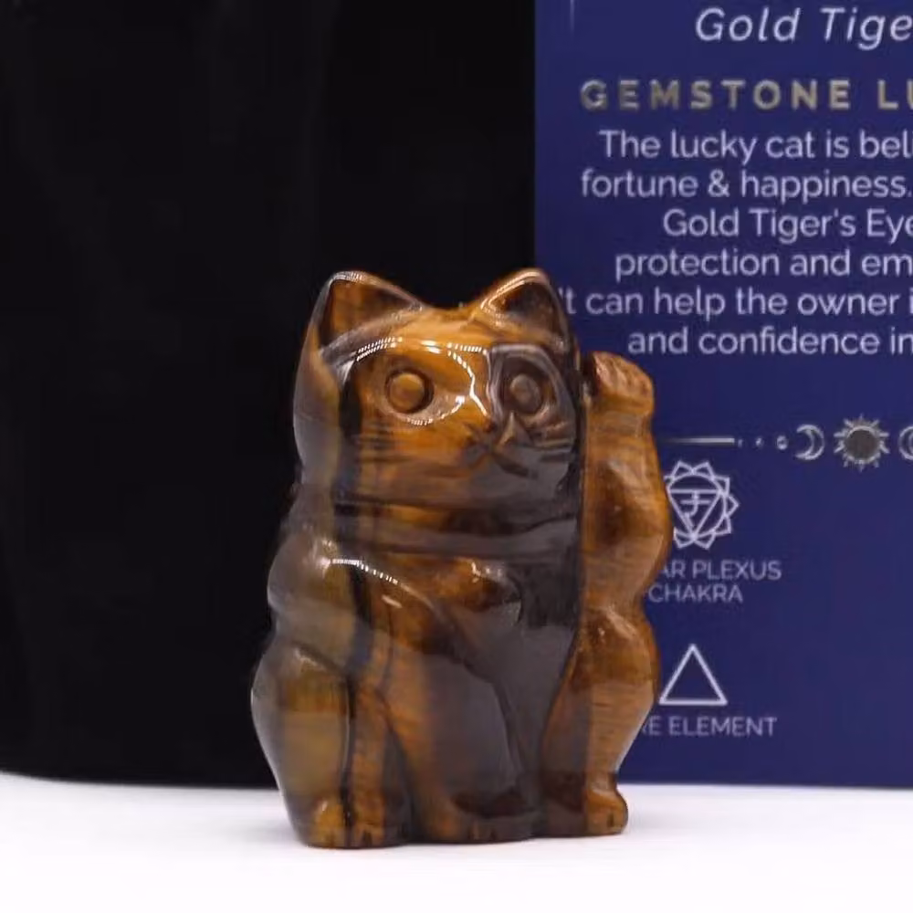 KDMD Gold and Brown Tiger Eye Stone Lucky Cat Figurine – 2