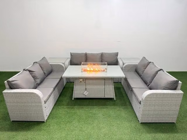 Fimous 9 Seater PE Rattan Garden Furniture Set in Light Grey with Firepit Dining Table, 3 Seater Sofa and 2 Side Tables