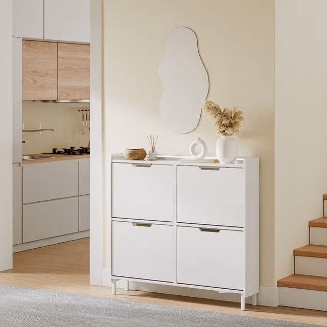 SoBuy Modern Slim White Shoe Cabinet with Tilting Compartments and Integrated Lighting – 1