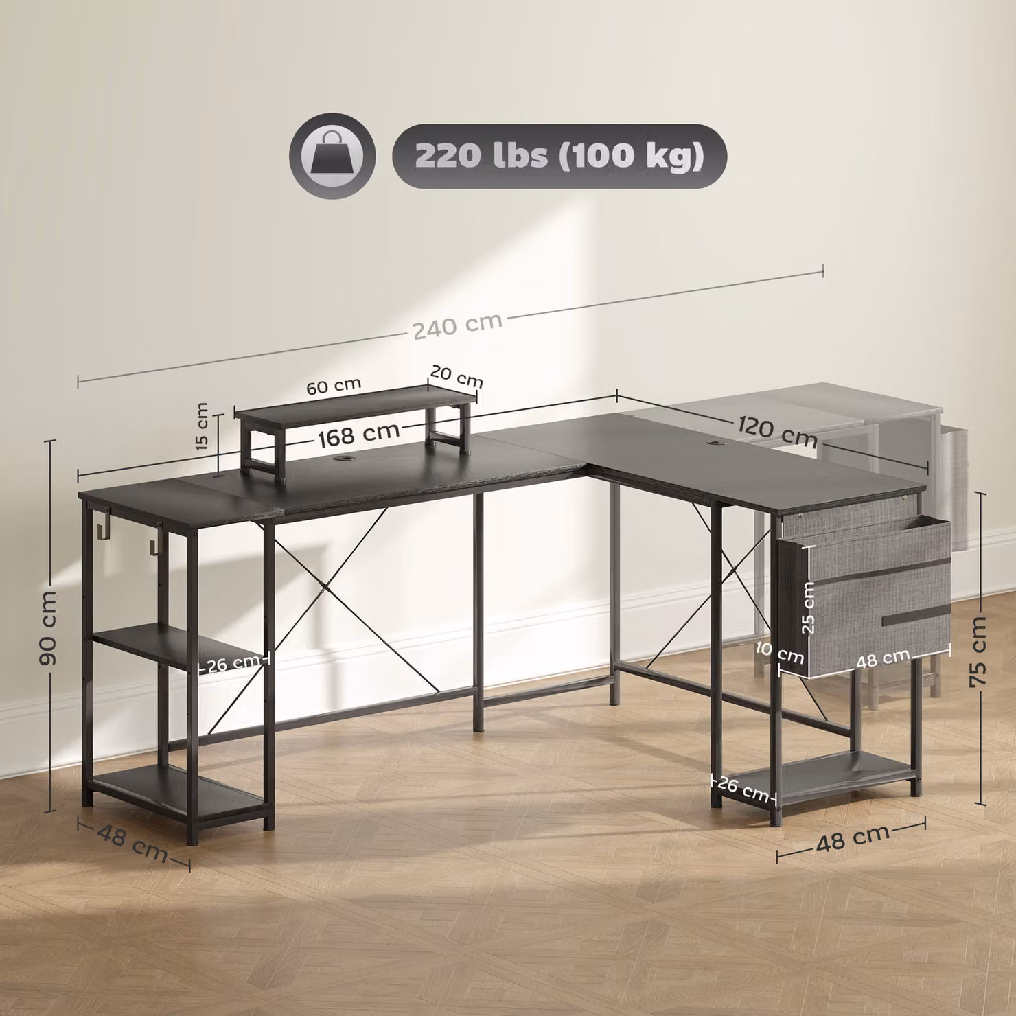 HOMCOM Black Reversible L Shaped Industrial Corner Computer Desk with Adjustable Shelf, Monitor Stand and Storage Bag, 168 cm – 3