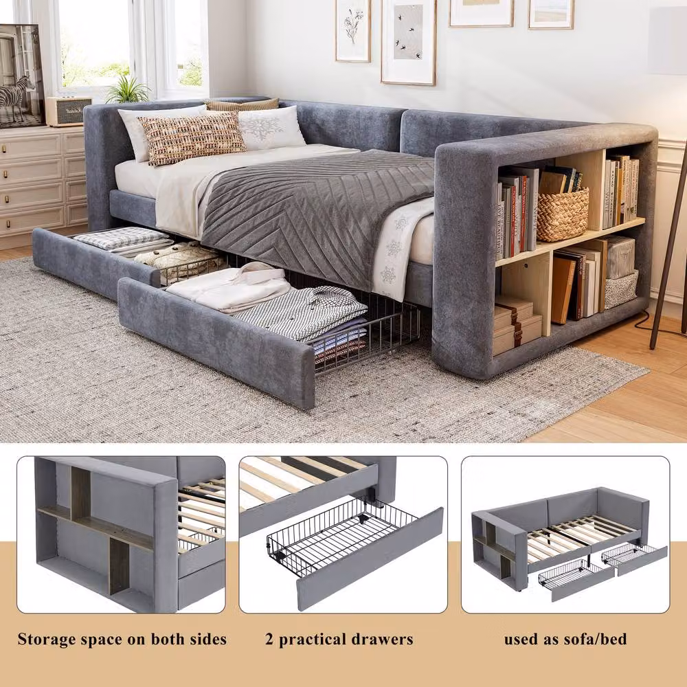 ModernLuxe Upholstered Velvet Single Daybed with 2 Storage Drawers in Grey, W/D/H: 90 x 190 x 47.5 cm – 3