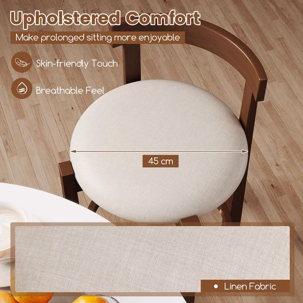 Gymax 2 Pack Brown Linen Upholstered Bar Stools with Rubberwood Legs, Counter Height: 62 cm – 3