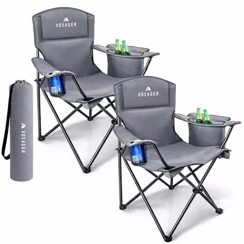 Voyager 2 Pack Folding Camping Chairs with Armrests and Cushions in Black and Grey – 1