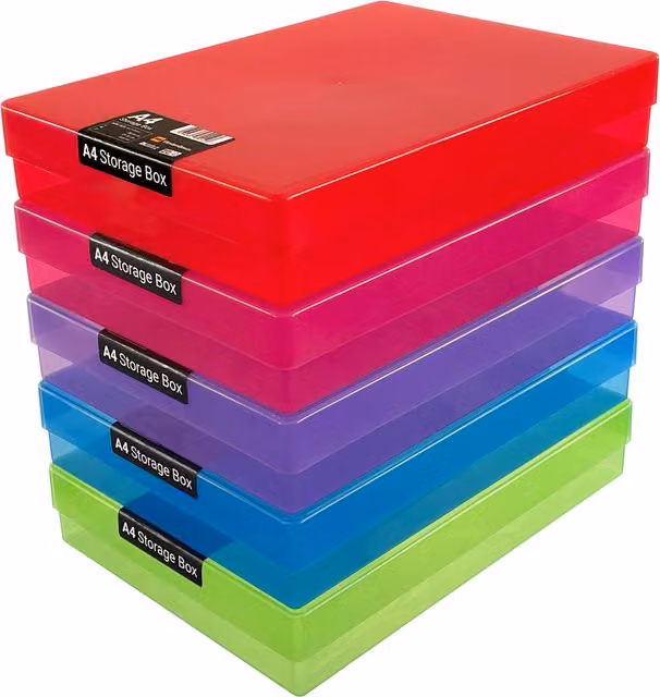 WestonBoxes A4 Multicolour Transparent Plastic Craft Storage Boxes with Lids for Art Supplies, Paper and Card, Pack of 5 – 1