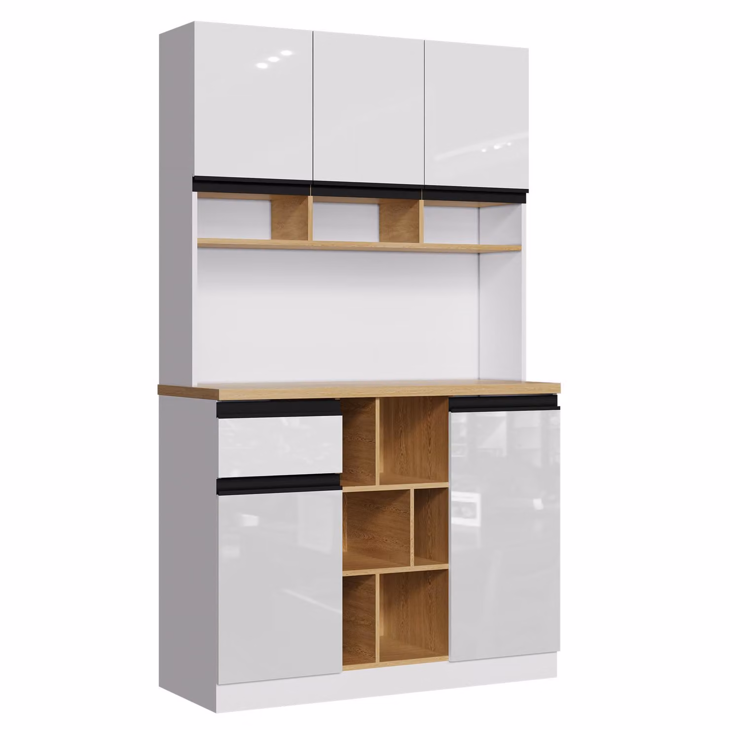 Aosom UK White Modern Glossy Kitchen Cabinet with Open Storage and Hinged Doors, W: 45 cm, D: 45 cm, H: 185 cm – 2