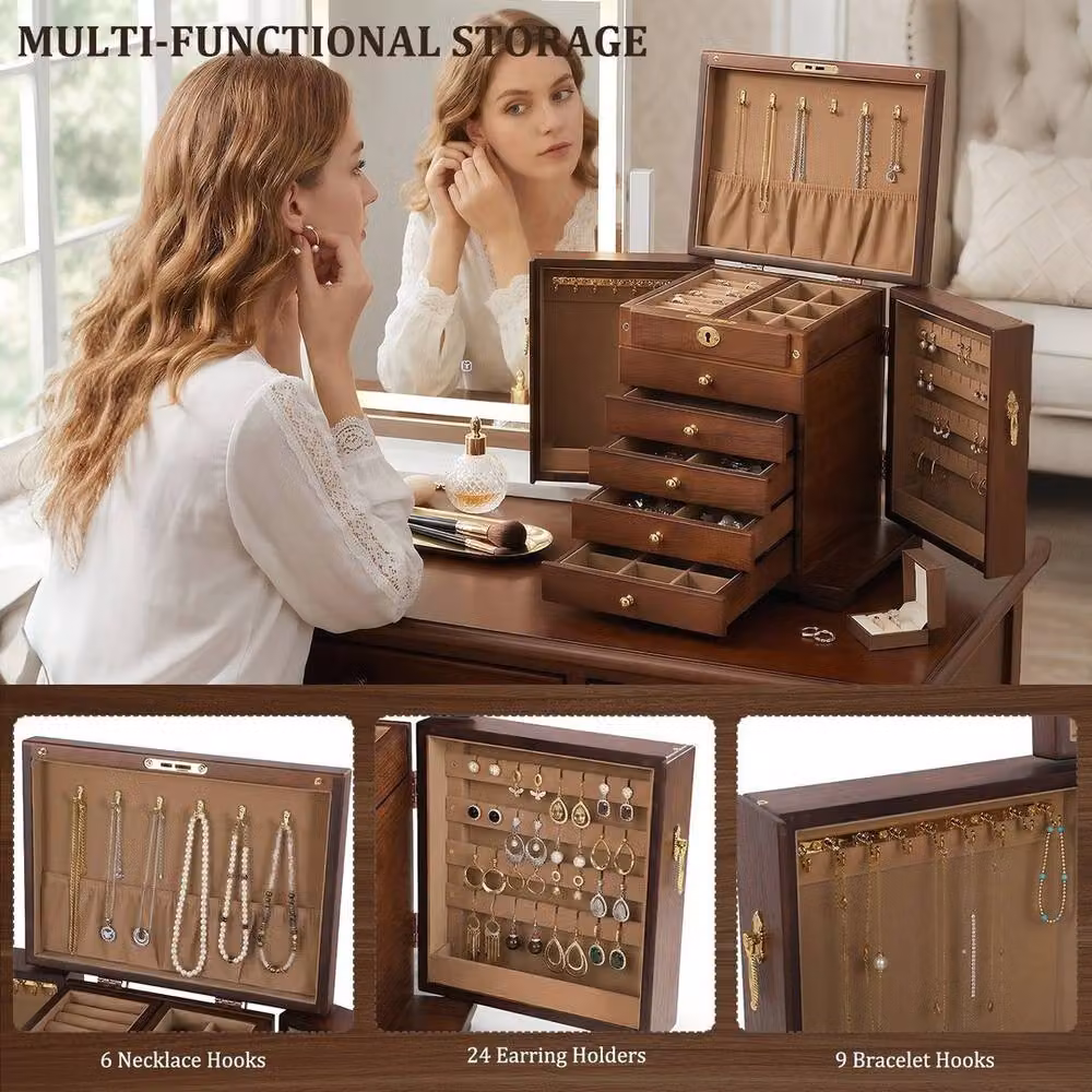 SPETLEK 6 Layer Large Jewelry Box in Brown with Wood and Glass Construction – 4