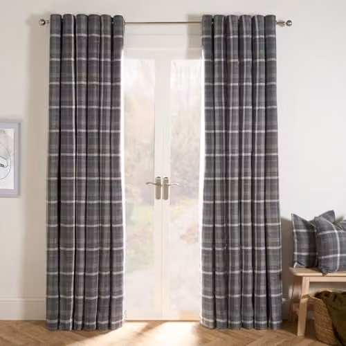 OHS Winsford Woven Check Charcoal Grey Blackout Curtains, 2 Panel Thermal Eyelet Curtains – 1