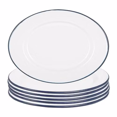 Argon Tableware White Enamel Serving Platters with Blue Rims, Pack of 6, W: 30.5 cm, D: 22.5 cm