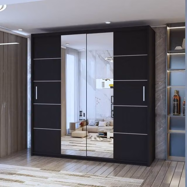 Sliding Wardrobes 4U Eden Double Mirror Sliding Door Wardrobe in Black, W: 150 cm, H: 217 cm