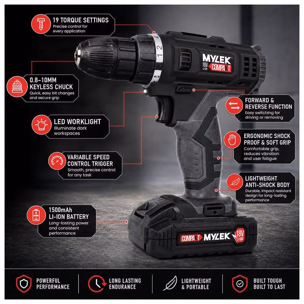 MYLEK 18V Cordless Li-ion Drill and 130 Piece DIY Home Kit with Carry Case in Black – 3