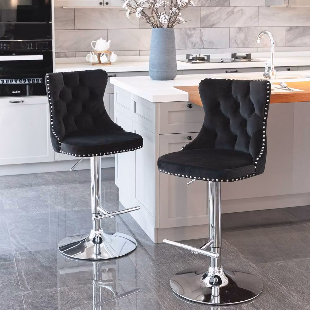 Modern Home Touch Set of 6 Black Velvet Adjustable Swivel Bar Stools with Gold Metal Base – 2