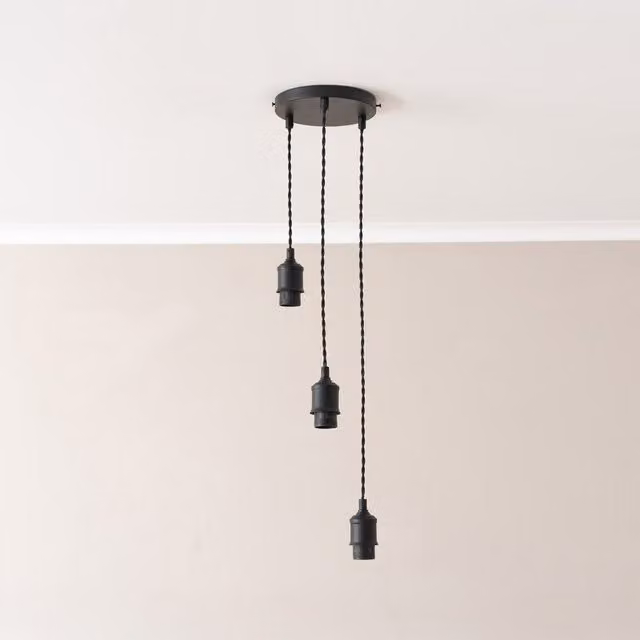 Shaw 3 Way Drop Cluster Adjustable Pendant Ceiling Lampholder in Matte Black Metal with E27 Sockets