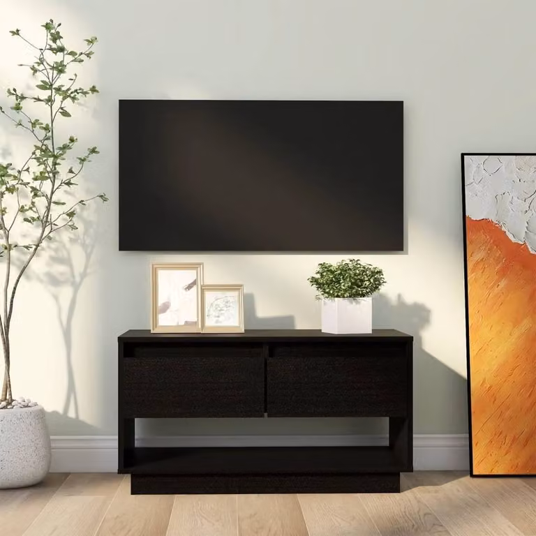 Berkfield Home Black Solid Wood Pine TV Cabinet W: 74 cm, D: 34 cm, H: 40 cm