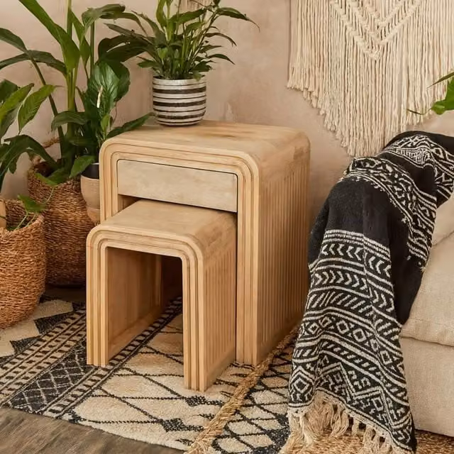 Wyld Haus Arizona Set of 2 Carved Mango Wood Nesting Tables with Drawer in Brown