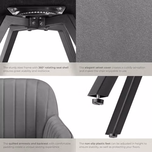 tectake Set of 4 Grey Velvet Dining Chairs with Slim Steel Legs and 360 Degree Swivel H x W x D: 82 x 58 x 58 cm – 6