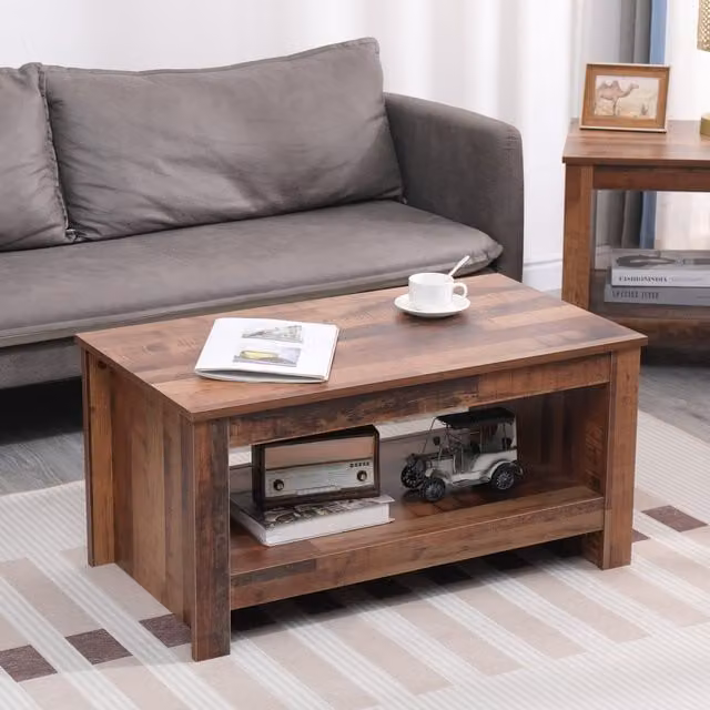 HMD Simple Rectangular Coffee Table with Bottom Storage Shelf in Brown and Multicolour