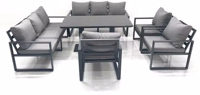 Fimous 9-Seater Aluminium Outdoor Sofa Set with Adjustable Rising Glass Dining Table, Dark Grey