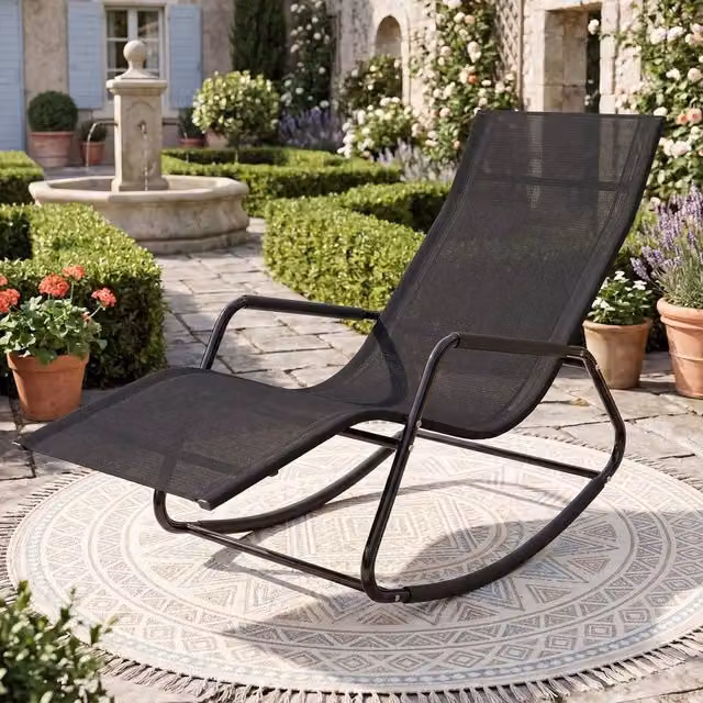 KORVIXA Black Patio Lounge Chair with Curved Armrests and Textilene Fabric – 1