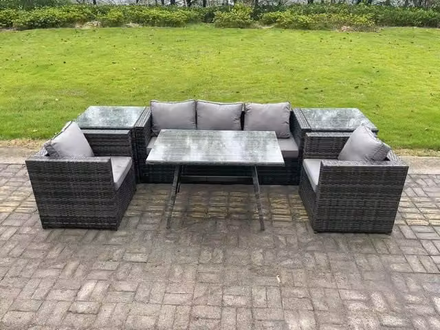 Fimous 5 Seater Rattan Outdoor Garden Dining Set in Dark Grey with Oblong Dining Table, 2 Armchairs and 2 Side Tables