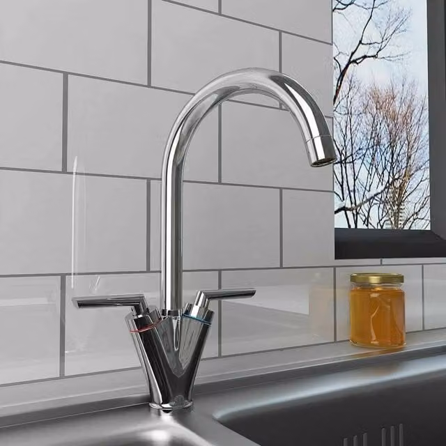 NESTLUNE Modern Chrome Monobloc Kitchen Sink Mixer Tap with Two Handles and Swivel Spout in Silver