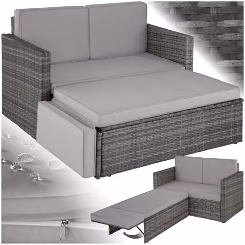 tectake Rattan Garden Furniture Set in Grey with 2 Seater Sofa and Ottoman featuring Powder Coated Steel Frame and UV-Resistant Cushions – 1