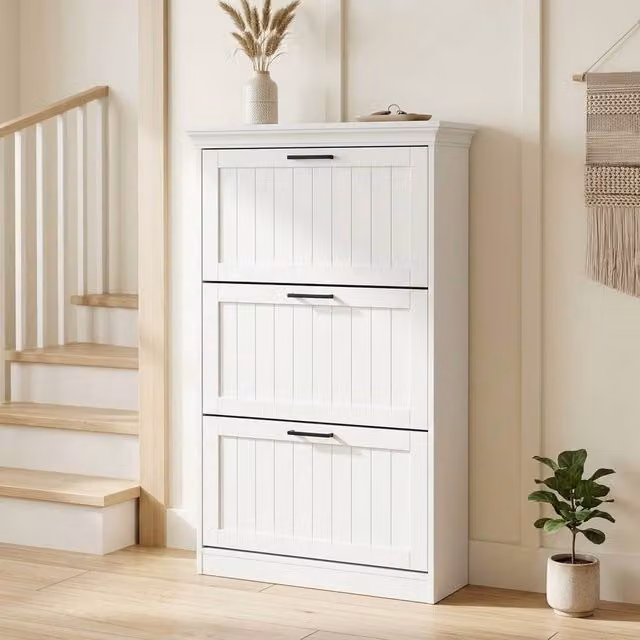 STILVORA White Modern Shoe Cabinet with 3 Tilting Doors for 15 Pairs