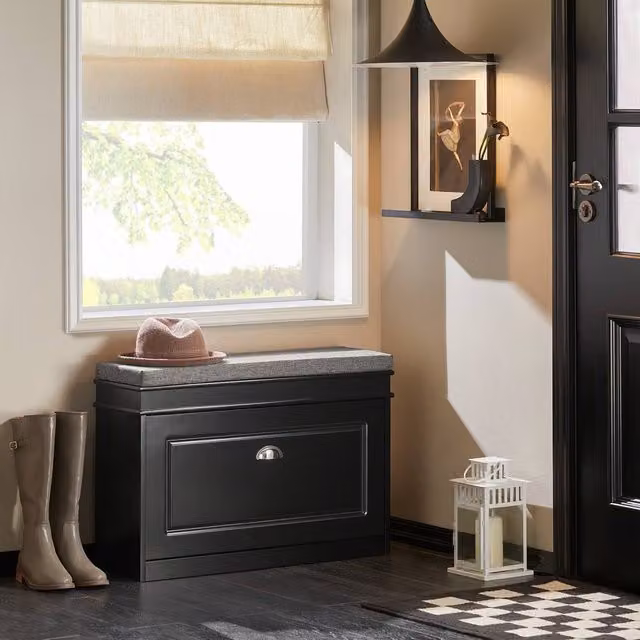 SoBuy Slim Black Rustic Entrance Bench with Shoe Rack and Upholstered Fabric Seat
