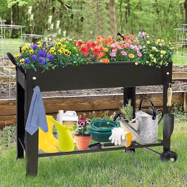 Huhote Metal Raised Garden Bed with Legs and Storage Shelf, Black Outdoor Planter Box – 1