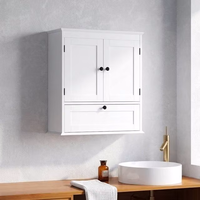 STILVORA White Lacquered Wall-Mounted Bathroom Cabinet with Hinged Doors and Internal Shelves