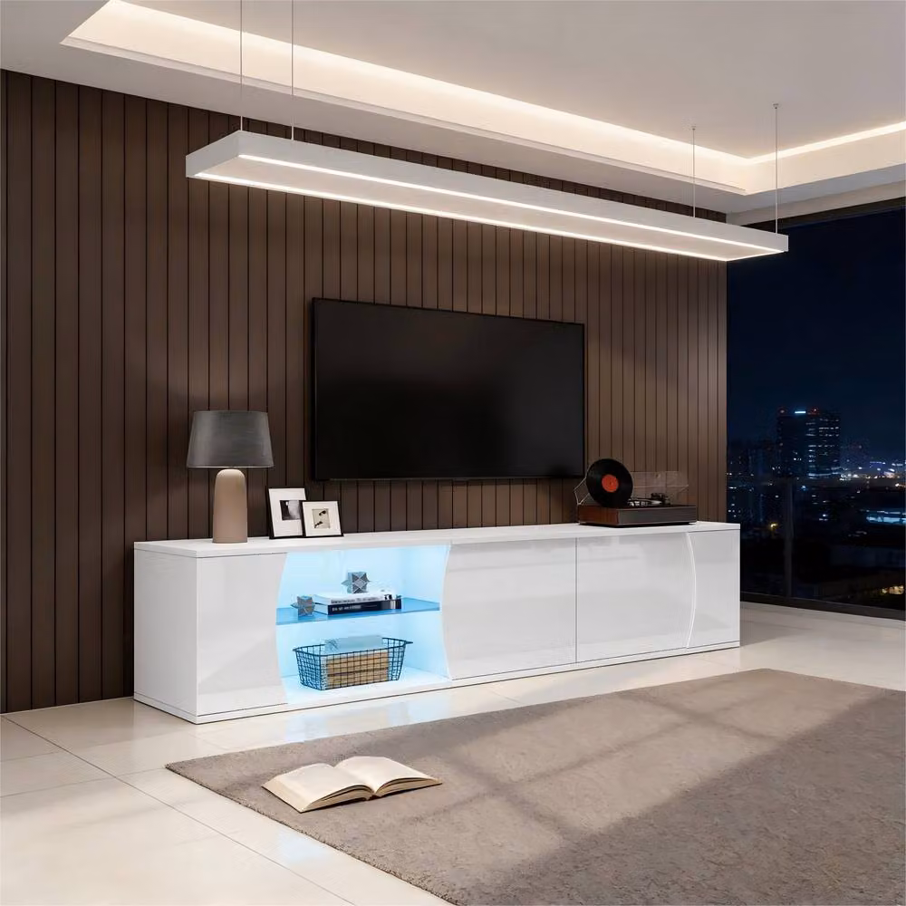 BTM Modern White Glossy TV Cabinet Lowboard with LED and Glass Doors, W/D/H: 180 x 40 x 45 cm – 3
