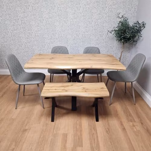 KOSY KOALA Industrial Dining Set with Rectangular Wood Table, 4 Grey Gem Faux Leather Chairs and 1 Bench in Brown