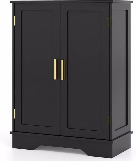 Costway Modern Black Bathroom and Kitchen Floor Storage Cabinet with Hinged Doors and Adjustable Shelves