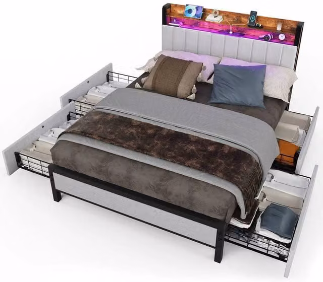 FLAVORA Metal Bed Frame with USB Charging Port in Grey, W/D/H: 140 x 200 cm