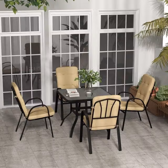 OUTSUNNY Modern Garden Dining Set with Beige Glass Table and Umbrella Hole