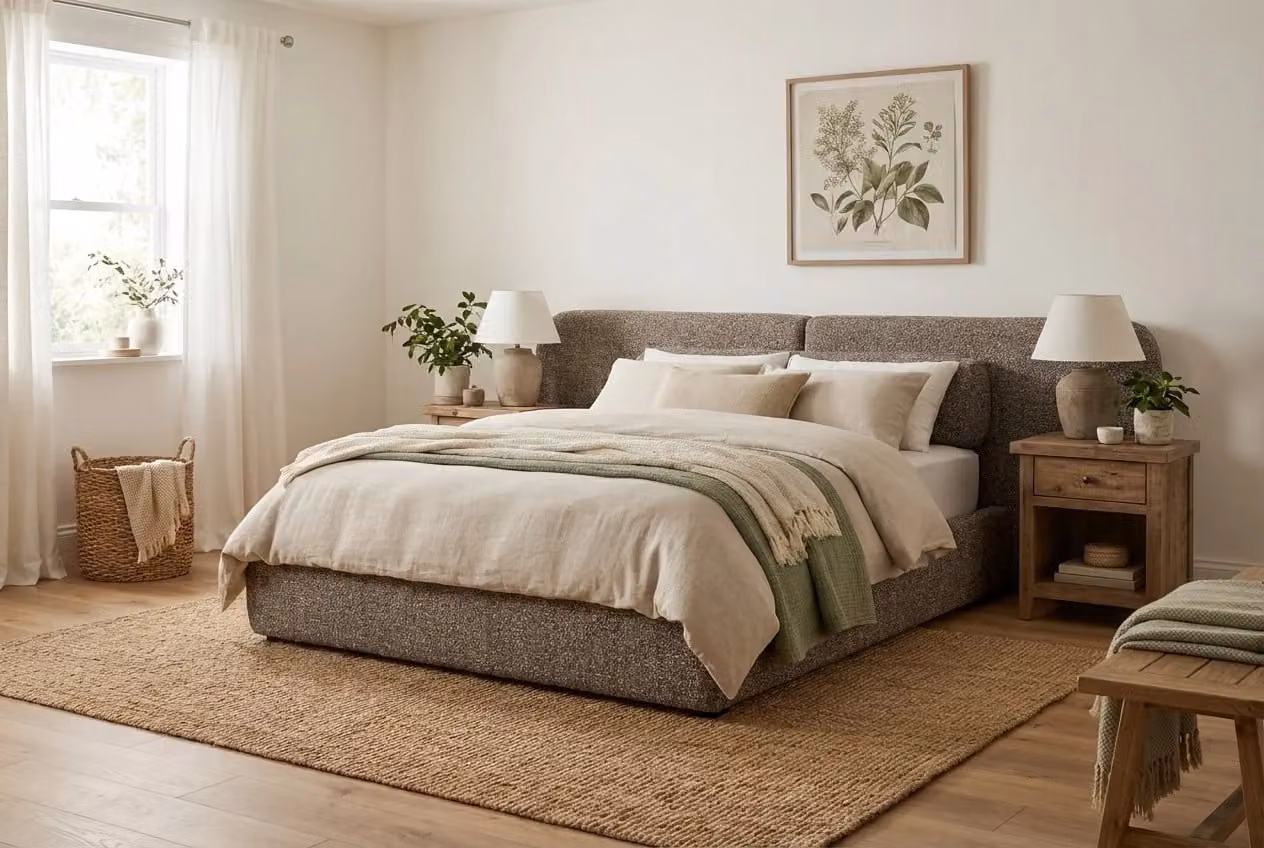 Araco Atelier Nova Bed Pebbles Upholstered Modern Bed in Beige or Grey