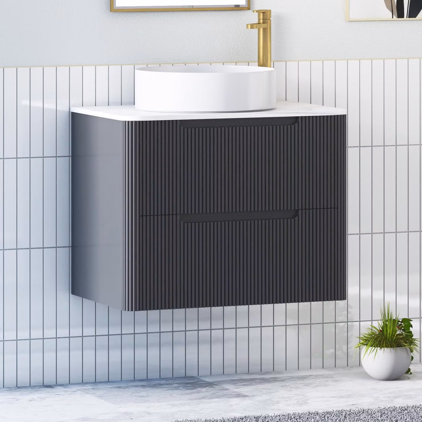 Royal Bathrooms Avenza Wall Hung Vanity Unit with 2 Drawers and Art Round Basin in Matt Obsidian Black, Width: 80 cm