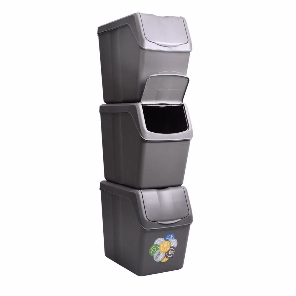 FLAVORA Stackable Grey Plastic Bins with Flip Lid, 3 x 25L, W/D/H: 100 x 15 x 15 cm – 2