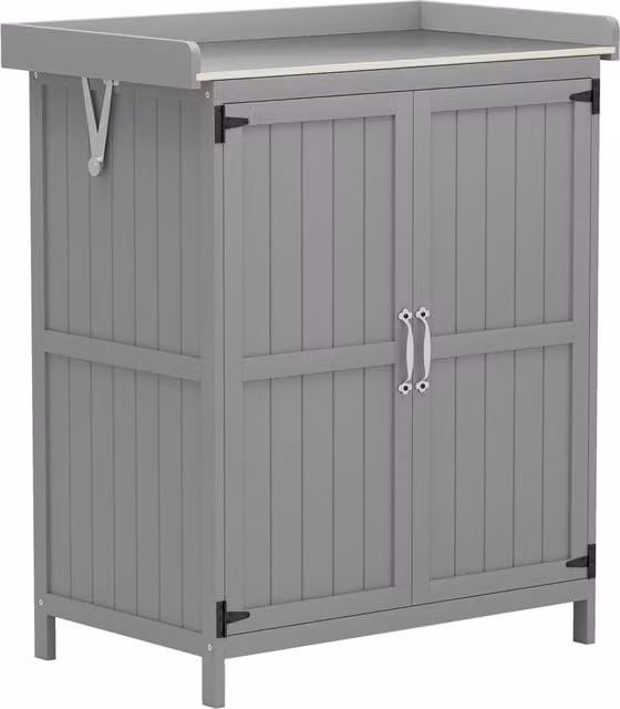 Outsunny Grey Wooden Garden Storage Shed with Double Doors and Shelving, W/D/H: 88.0 x 67.0 x 40.0 cm