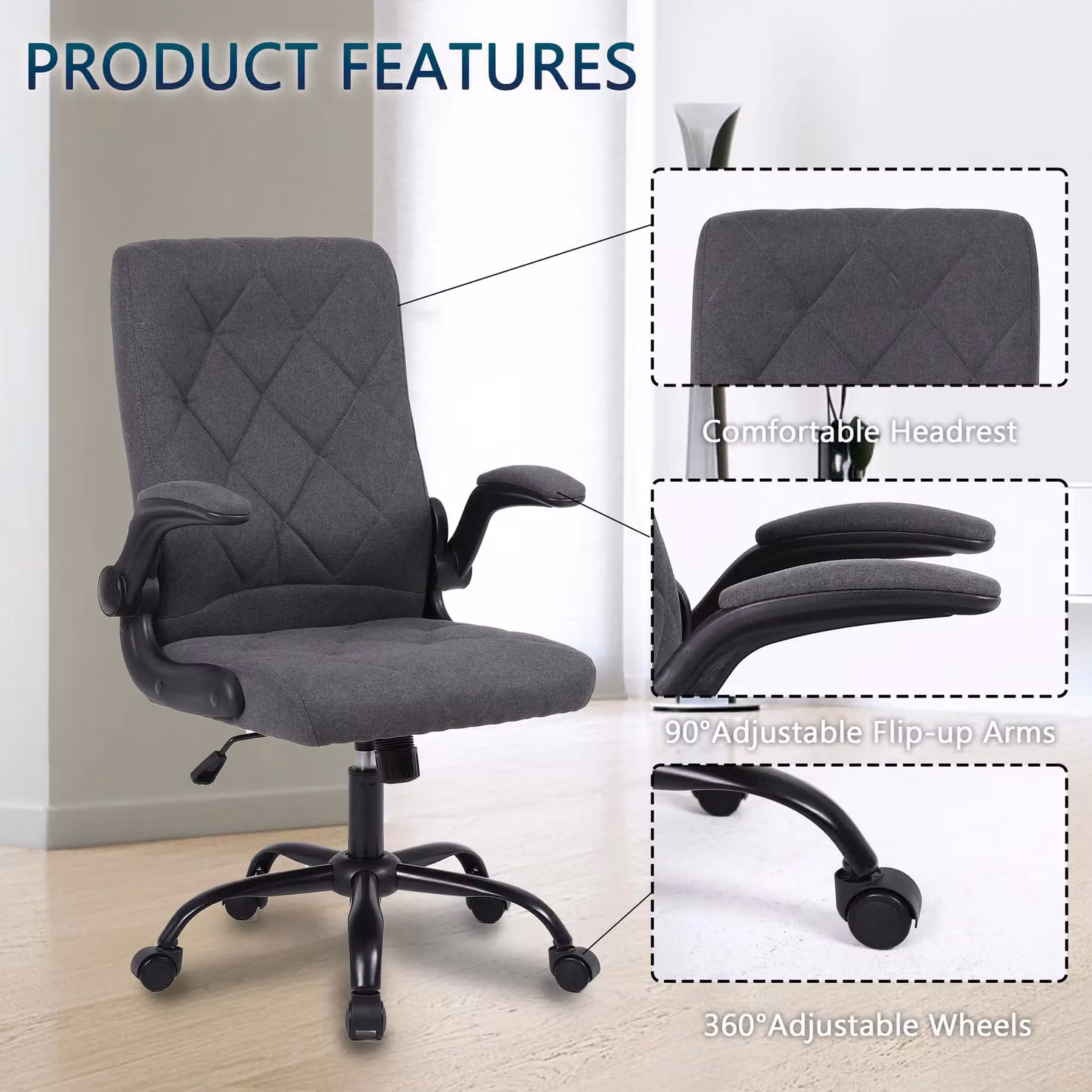 FURNITURE ONE Ergonomic Computer Desk Chair in Grey Linen Fabric with Flip-Up Armrests and 360 Degree Swivel – 3